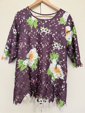 Vintage Purple Floral Lace Appliqué lined  Shirt Dress Handmade Medium Statement